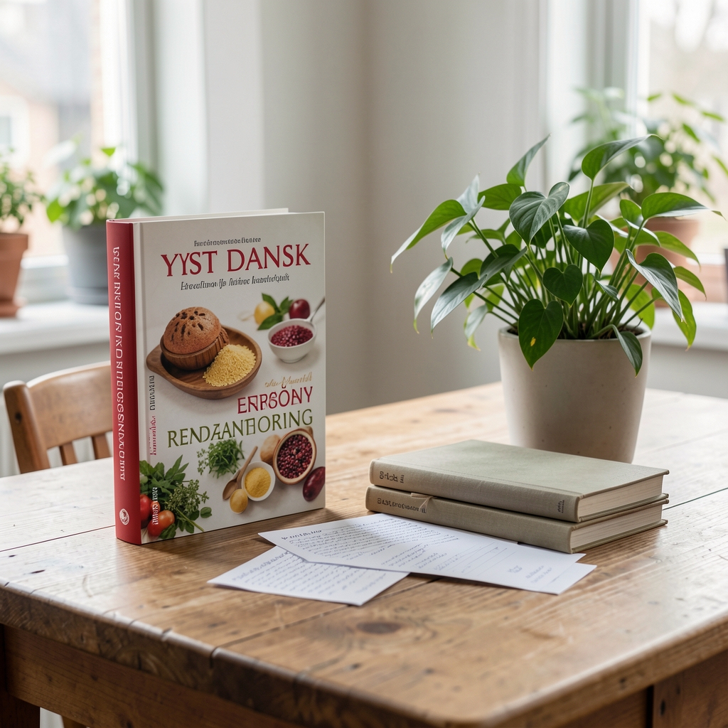 Lyst dansk redaktionsstudio med bøger om ernæring, papirprøver og grøn plante på bordet