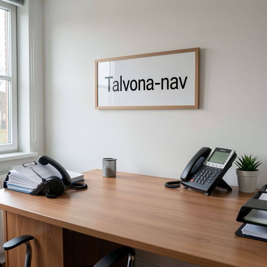 Roligt dansk kontor med skrivebord, telefon og indrammet Talvona-navn på væggen